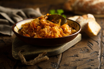 Traditional homemade cabbage stew with bay leaf