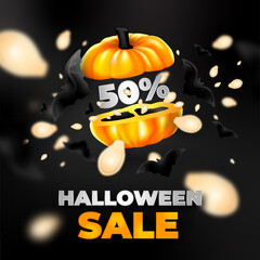 Halloween sale  with a cut pumpkin and splesh of seeds 50% on a black background