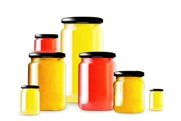 Set of Glass Jars, Honey Cans Mockup, Confiture Pots
