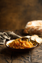 Traditional homemade cabbage stew with bay leaf