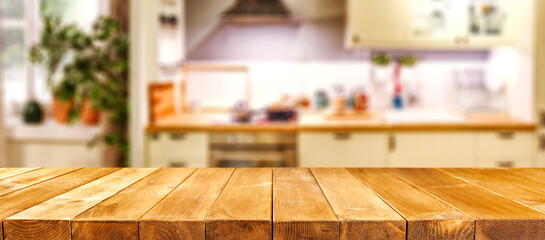 Desk of free space and kitchen interior 