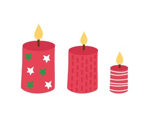 set of Christmas candles. Three red candles are decorated with white and green stars, stripes and dots. cartoon vector illustration isolated on white background.