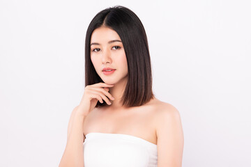 Fototapeta premium Beautiful Young asian Woman with Clean Fresh Skin on white background, Face care, Facial treatment, Cosmetology, beauty and spa, Asian women portrait