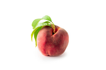 Peach fruit with leaf isolated on white background. Clipping path. Full depth of field