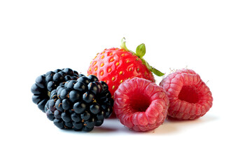 Ripe strawberry, raspberries and blackberries isolated on white background. Full depth of field