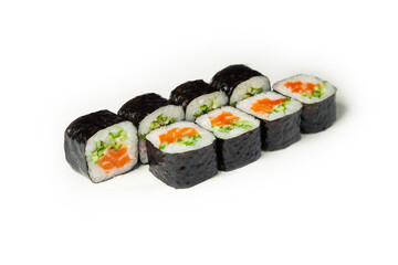 Sushi roll with salmon and cucumber on a white plate, classic Japanese sushi. Traditional Japanese food with maki. Delicious pieces of sushi. For the restaurant menu. copyspace