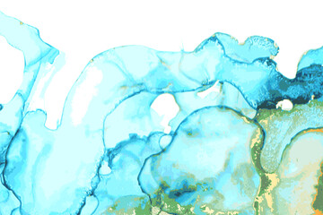 Light ocean blue, green, and gold stone background with texture of marble. Alcohol ink oriental technique. Abstract vector art. Flow paint in natural colors with glitter. Template for banner, poster