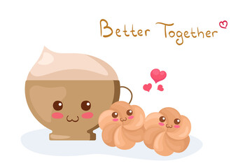 Kawaii smiling Cappuccino & Cookies vector characters. Cute food illustration with lettering isolated on white background. Funny card, poster, print on t-shirt, kids menu decoration.