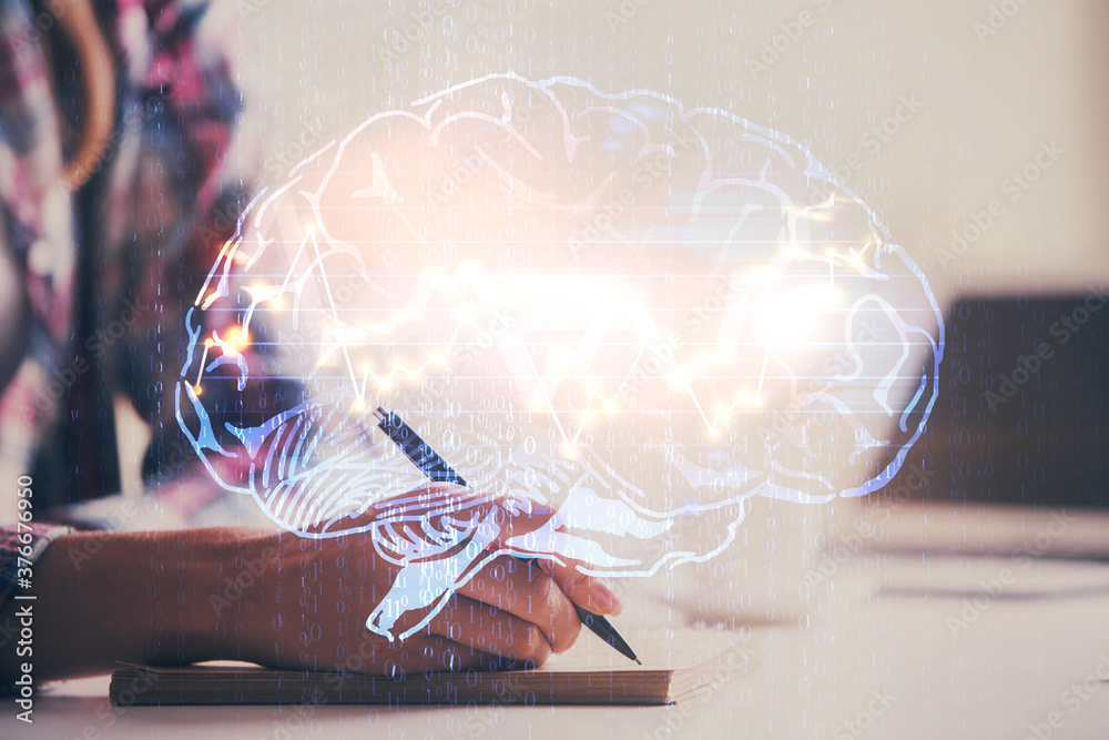 Poster multi exposure of woman's writing hand on background with brain hud. concept of learning.
