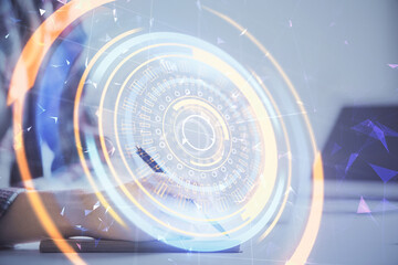 Technology theme hologram over woman's hands taking notes background. Concept of Tech. Double exposure