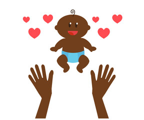 Hands of mom and baby on a white background. African American. Vector illustration.