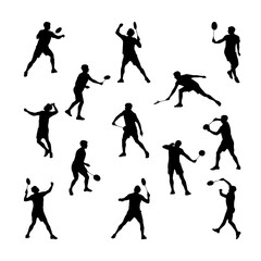 Badminton. Set of silhouettes of playing men. Vector illustration.