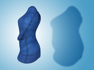 Conceptual fat overweight obese shadow female sweater dress vs slim fit healthy body after weight loss or diet thin young woman on blue. A fitness, nutrition or obesity health shape 3D illustration