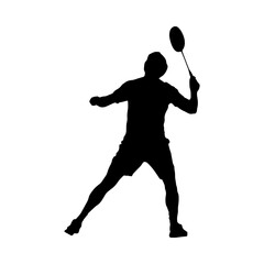 Badminton. Silhouette of a man preparing for an overhead forehand shot. Vector illustration.