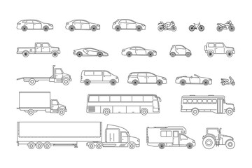 Transpot icon set. 22 objects. Black line web sign of car, motorcycle an bicycle. Flat vector illustration isolated on white background.