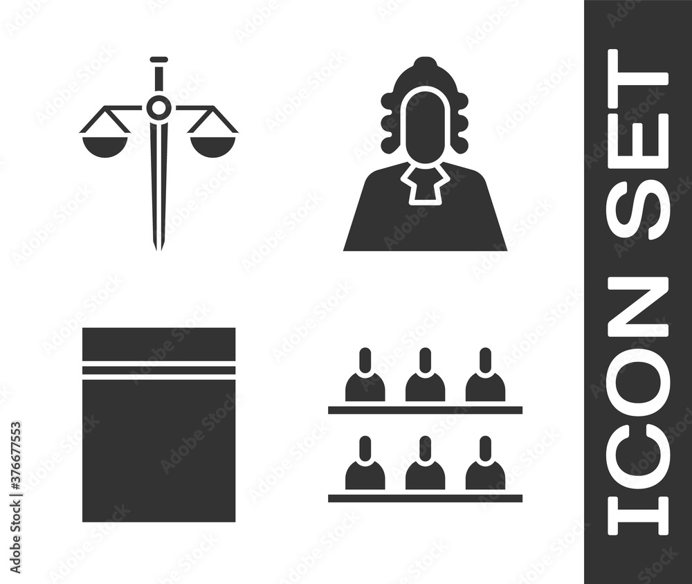 Sticker set jurors, scales of justice, plastic bag with ziplock and judge icon. vector.