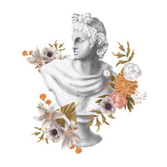 Raster floral arrangement with greek sculpture on white background. Apollo plaster sculpture. Botanical illustration. Floral arrangement for  wedding invitation, design template, greeting card,pattern