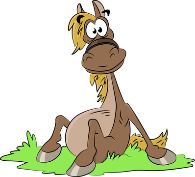 Cute cartoon horse sitting on grass smiling vector illustration