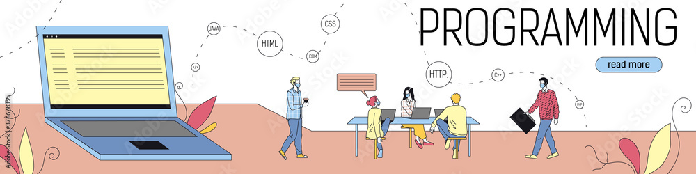 Poster software, web development, programming concept. abstract cartoon composition of colleagues programme