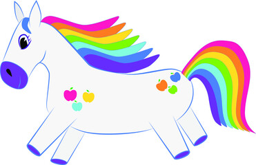 Funny illustration of a cartoon rocking horse on a white background. The horse has seven colors of the rainbow in its tail and mane.