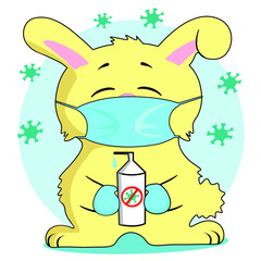bunny wearing a safe mask holding a sanitizer 