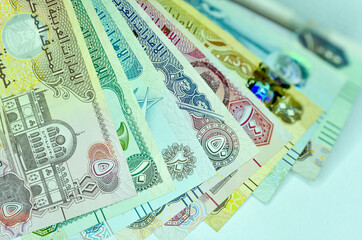 Close-up United Arab Emirates Currency, Dirhams and fils, Dubai, Abu Dhabi