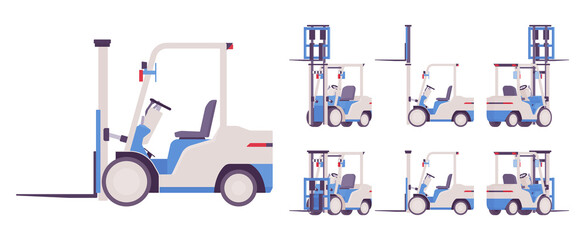 Forklift truck, professional vehicle, pallet for lifting, carrying heavy loads. Business transport to load, unload cargo in warehouse logistics. Vector flat style cartoon illustration, different views