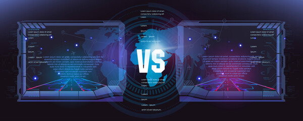 VS, Versus. Screen battles. Fight card template in futuristic design with HUD elements. User interface for video games. Concept background. Confrontation screen. Vector