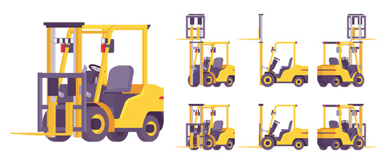 Forklift truck, professional vehicle, pallet for lifting, carrying heavy loads. Business transport to load, unload cargo in warehouse logistics. Vector flat style cartoon illustration, different views