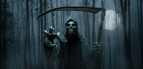 Grim reaper reaching towards the camera over dark, foggy background with copy space