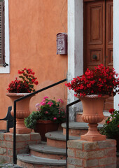 Medieval borough of Cer,This is common house with flowers pot in front ,Ceri is a small town in Central Italy,a tiny village settled on a tuffaceous spur close to the Mediterranean sea north of Rome