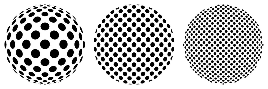 Set of balls of optical illusion. Spheres from different angles. Sphere with circle structure. Vector. Black and white.