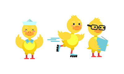 Funny Yellow Duckling Reading Book and Roller Skating Vector Set