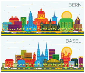 Basel and Bern Switzerland City Skylines Set with Color Buildings and Blue Sky.