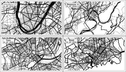 Caen, Besancon, Brest and Boulogne-Billancourt France City Maps Set in Black and White Color in Retro Style.