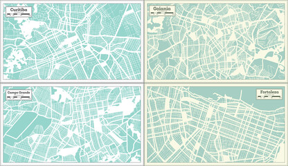 Goiania, Campo Grande, Fortaleza, Curitiba Brazil City Maps Set.