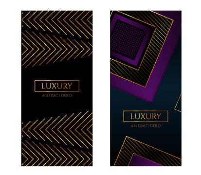 Modern design vertical Luxury banner. Abstract background with dark squares on a black. Bright gold stripes. Vector illustration.
