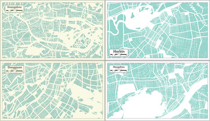 Harbin, Dongguan, Hangzhou and Guangzhou China City Maps Set in Retro Style. - obrazy, fototapety, plakaty