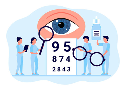 Doctor Is Checkup Eye Vision. Examination Eyes People, Focus Correction Treatment. Ophthalmology. Optometrist, Ophthalmologist, Medical Staff People With Glasses, Vision Test And Eye Drops. Vector