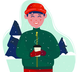 young happy guy drinking coffee on the rink, it is snowing, christmas mood, vector, stock, illustration, flat, cartoon, background