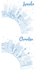 Outline Lincoln and Omaha Nebraska City Skylines Set with Blue Buildings and Copy Space.