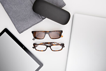 working desktop with glasses