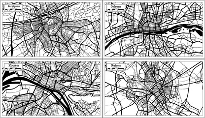 Rouen, Orleans, Reims and Perpignan France City Maps Set in Black and White Color in Retro Style.