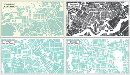Tianjin, Shenyang, Suzhou and Shenzhen China City Maps Set in Retro Style.