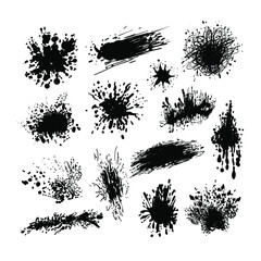 Fototapeta premium Vector set of black ink splashes, paint splatters isolated on white background, flat silhouettes collection. 