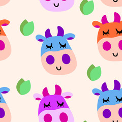 Vector smiling cow pattern in flat cartoon style with grass leaves on a pastel beige background. Seamless cute design in for kids textile prints, wrapping paper, milk packages etc.
