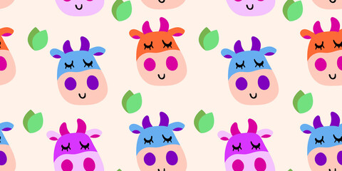 Vector smiling cow pattern in flat bright cartoon style with grass leaves on a white background. Seamless cute design in for textile prints, wrapping paper, milk packages etc.