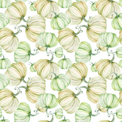 Seamless watercolor pattern with pumpkins, autumn, thanksgiving. Design for wrapping paper, background and other