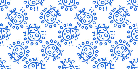 Vector blue and white smiling cow pattern with MOO lettering. Seamless design in line doodle style for textile prints, wrapping paper, milk packages etc.