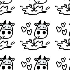 Vector pattern with cow drinking tasty milk in black and white monochrome colors. Seamless design in line doodle style for textile prints, funny wrapping paper, milk packages etc.